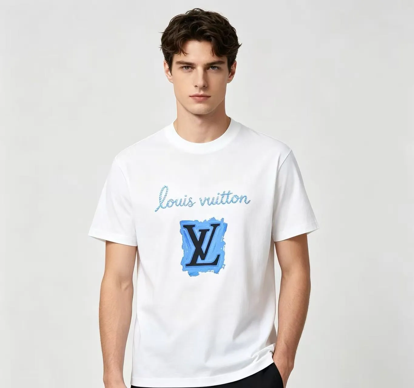 Louis Vuitton/Louis Vuitton blue graffiti LV printed short sleeves